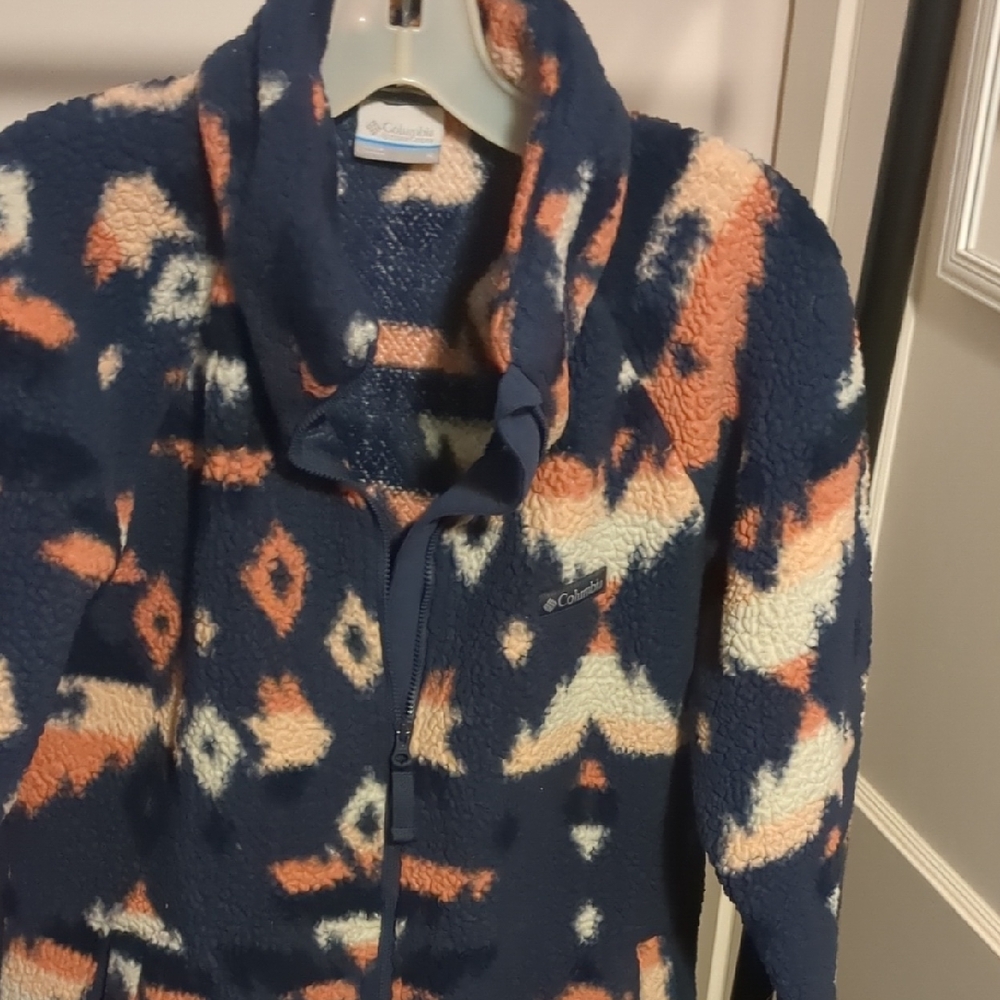 Columbia Navy, Coral & Cream Patterned Sherpa Fleece Jacket